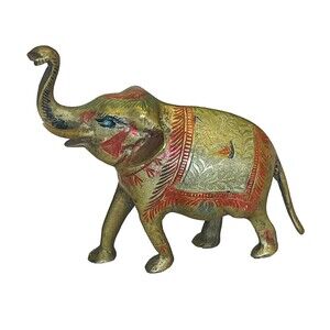 VTG Etched Brass Elephant Figurine Painted Trunk Up Heavy Boho Paper Weight 5”